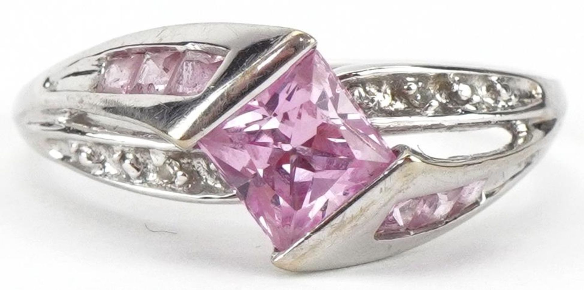 10K white gold pink topaz and diamond crossover ring, size N, 2.4g