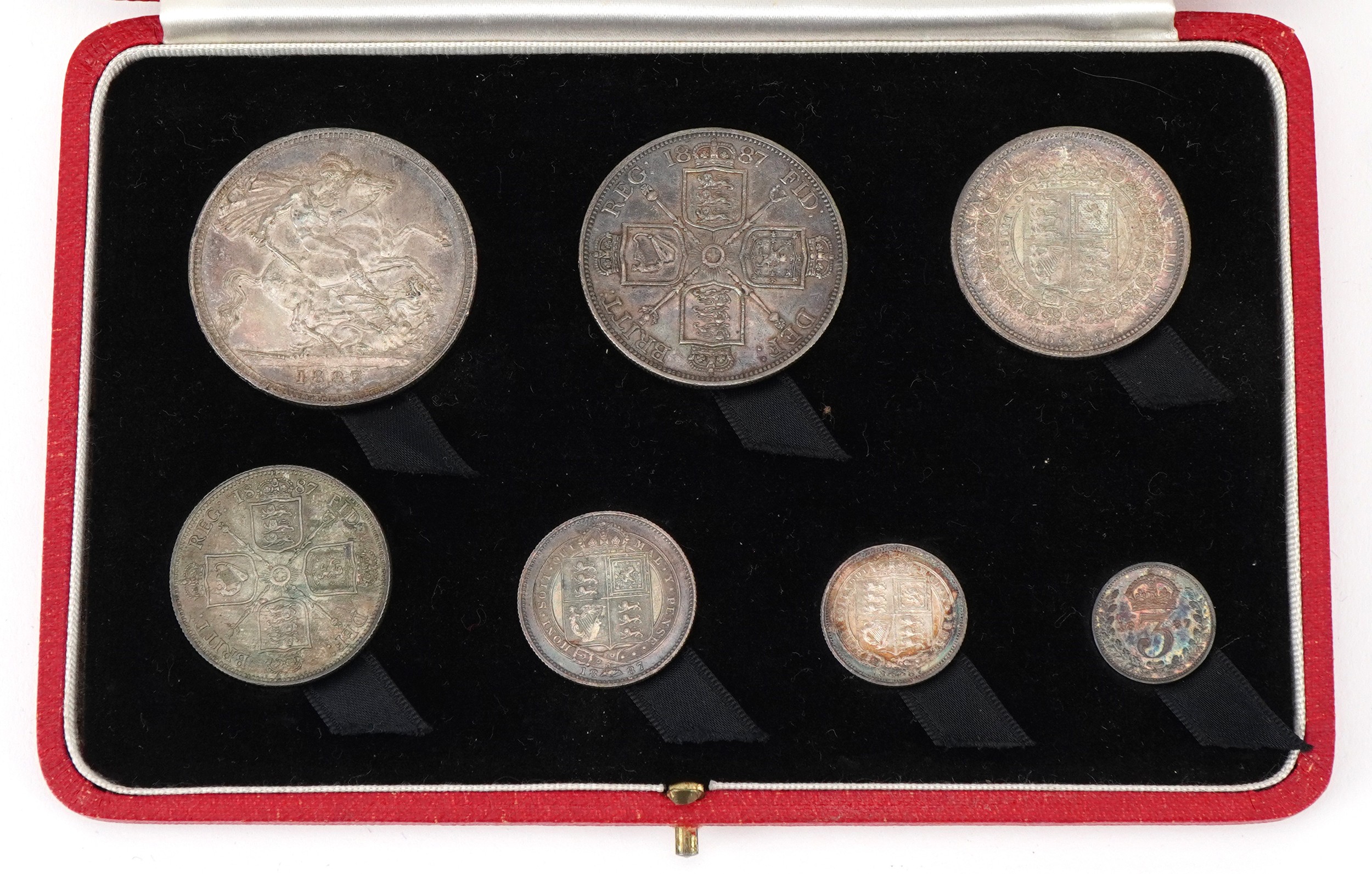 Queen Victoria 1887 Jubilee silver specimen coin set housed in a silk and velvet lined fitted case - Image 2 of 4