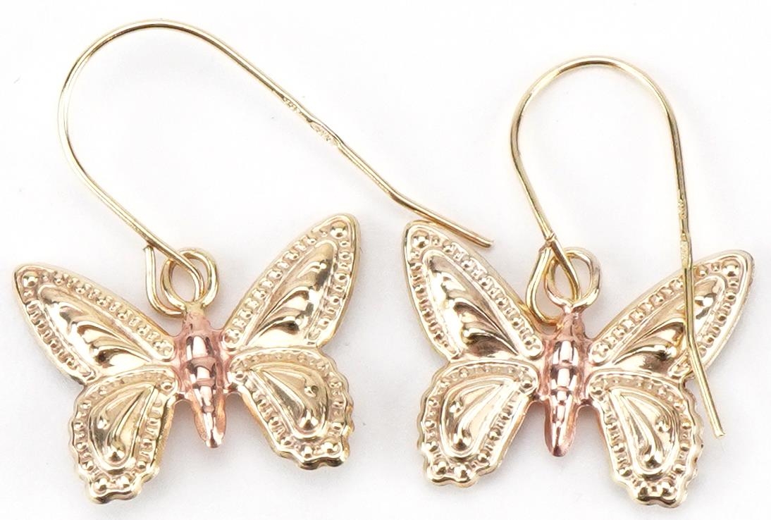 Pair of 9ct three tone gold butterfly drop earrings, each 2.3cm high, total 0.6g - Image 2 of 2