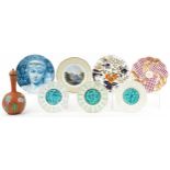 Group of Victorian European and English plates including Prattware, majolica cupids at play, hand