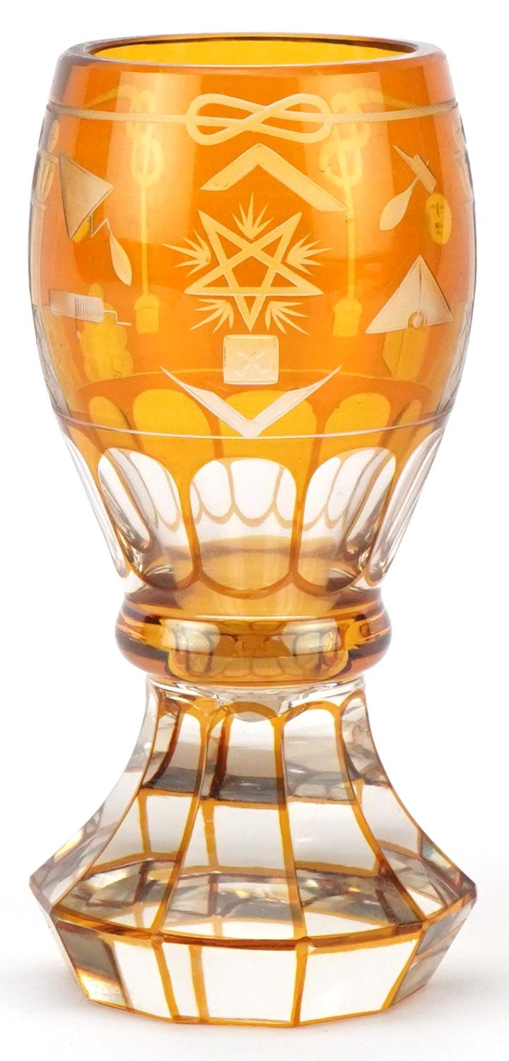 Victorian Masonic amber flashed glass goblet, 15cm high