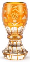 Victorian Masonic amber flashed glass goblet, 15cm high