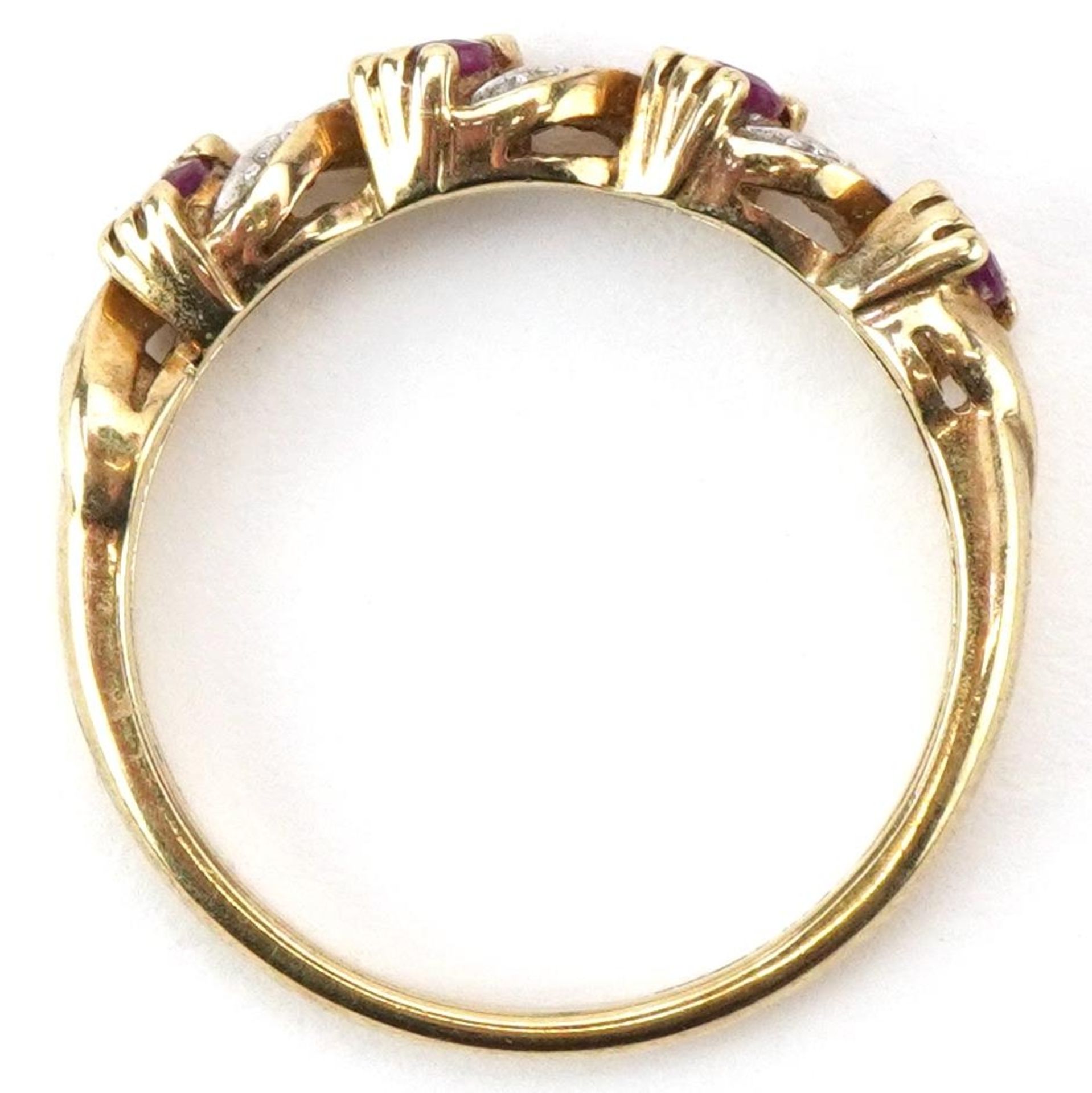 9ct gold diamond and pink spinel half eternity crossover ring, size M, 2.1g - Bild 3 aus 4