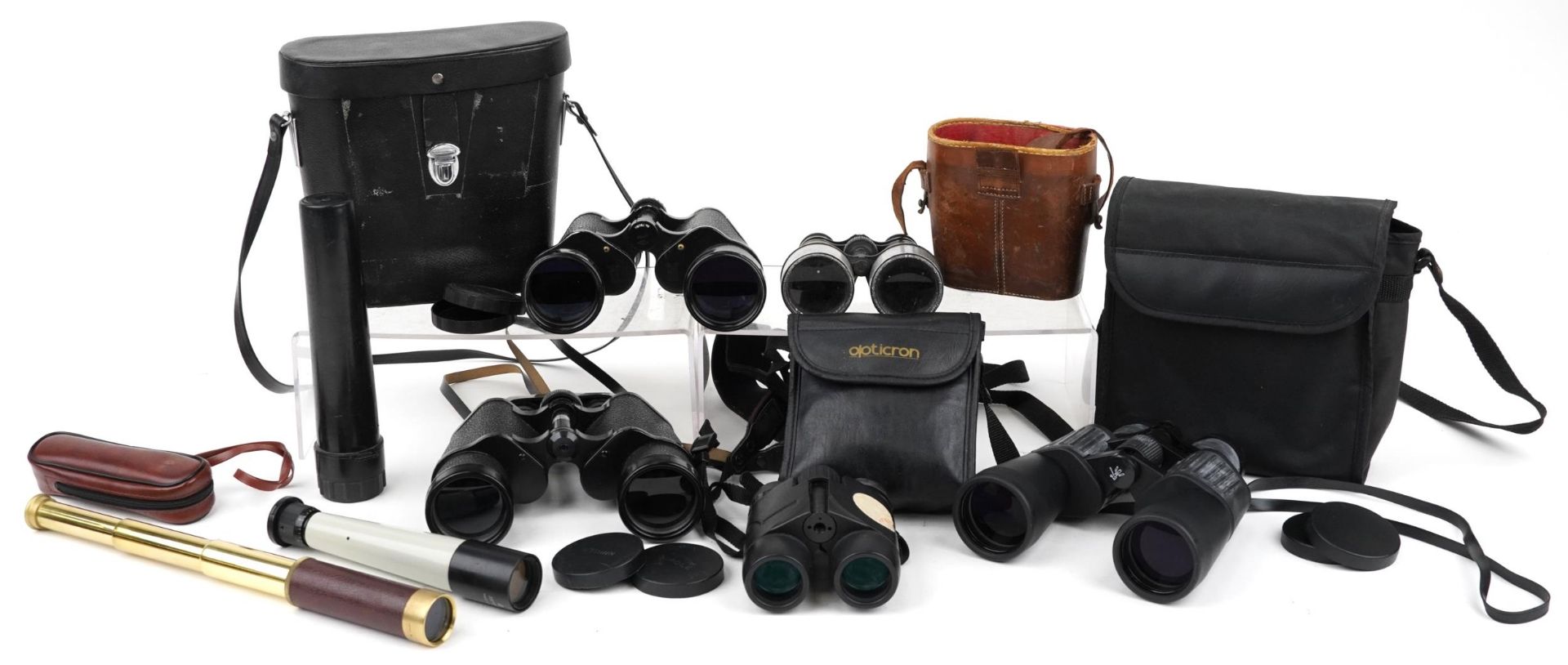 Five pairs of vintage and later binoculars and two telescopes including a Russian USSR example