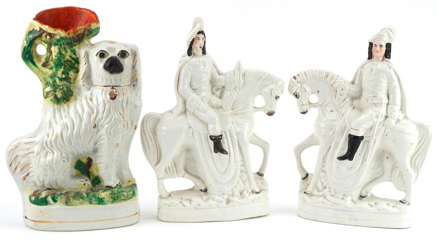 Pair of Victorian Staffordshire flatback Cavaliers on horseback and a Staffordshire flatback spill