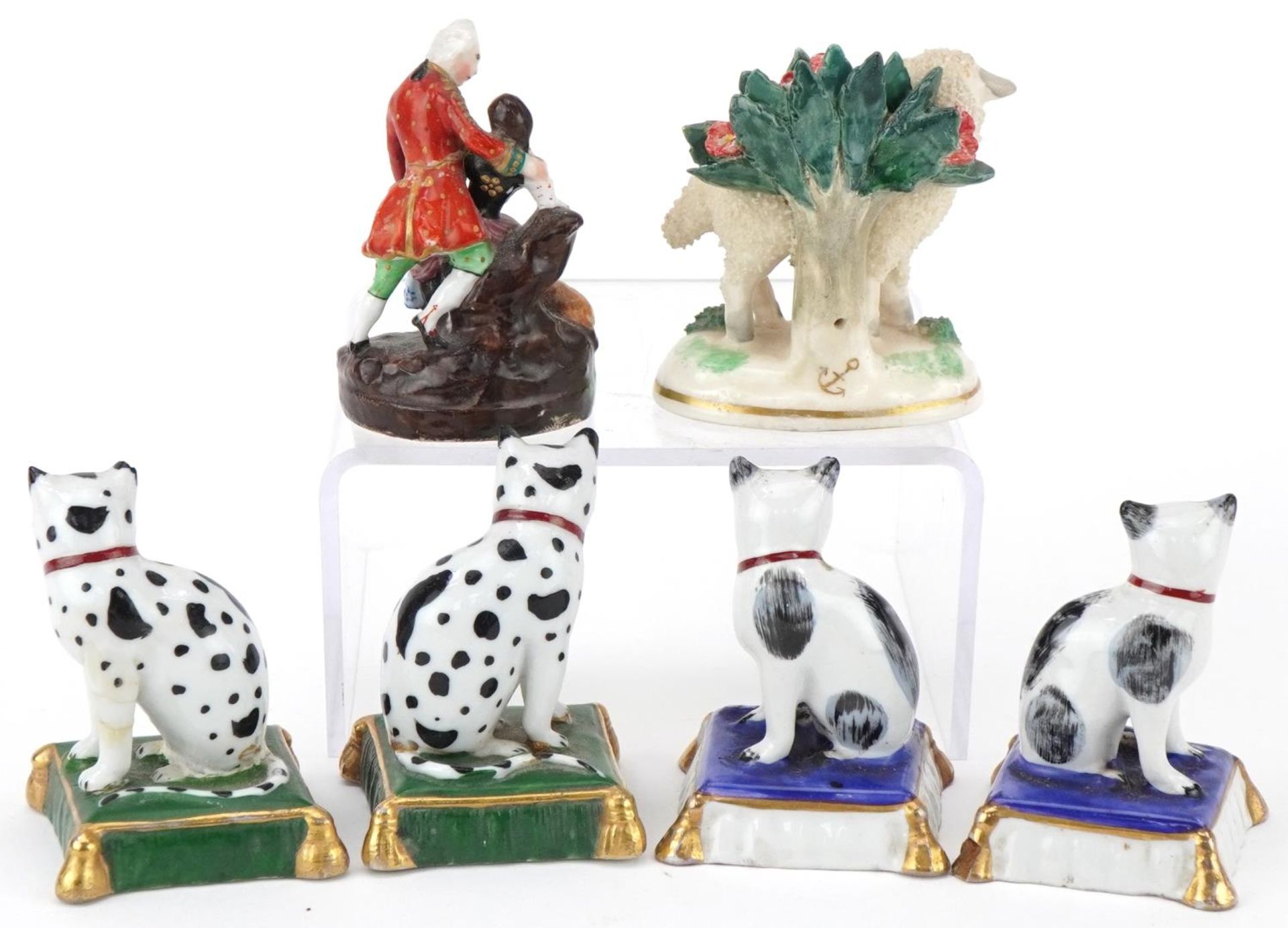 Chelsea and Staffordshire style porcelain figures and animals including two pairs of cats and a - Bild 4 aus 5