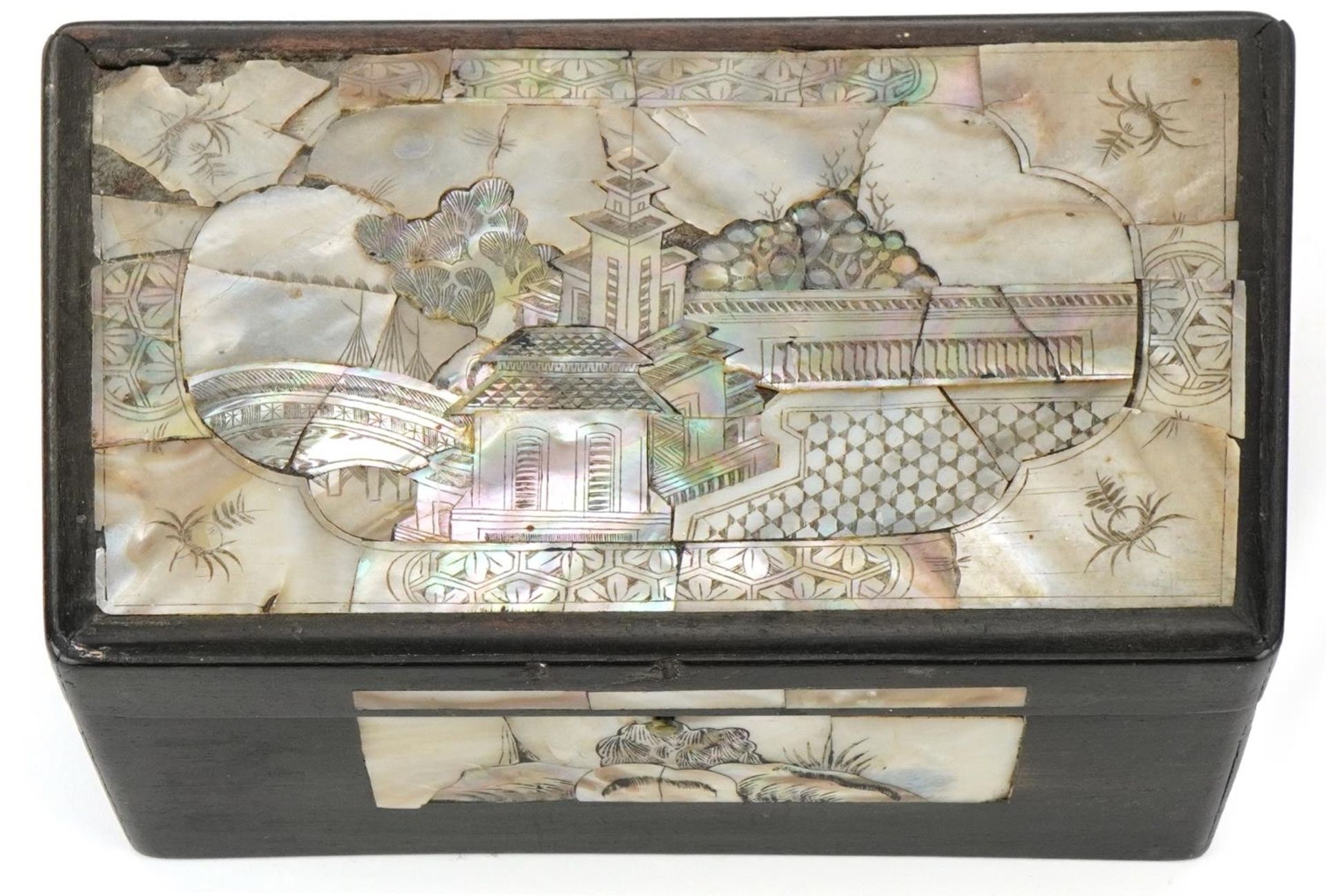 Ebony mother of pearl inlaid box decorated with panels of leaves, the top decorated with a panel - Image 3 of 7