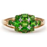9ct gold green stone and diamond cluster ring, size T, 2.6g