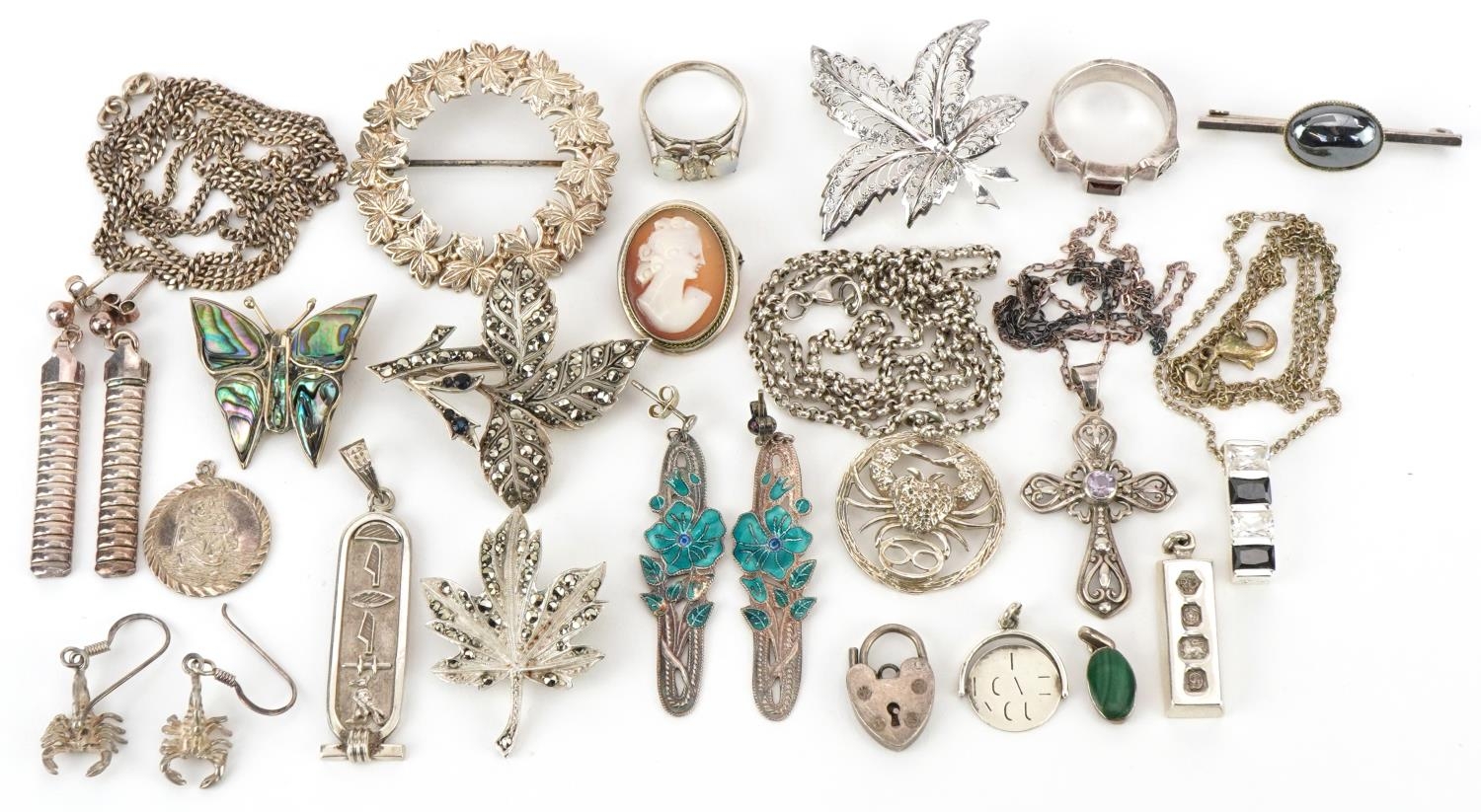 Silver jewellery including marcasite brooches, pair of scorpion earrings, I Love You spinner charm