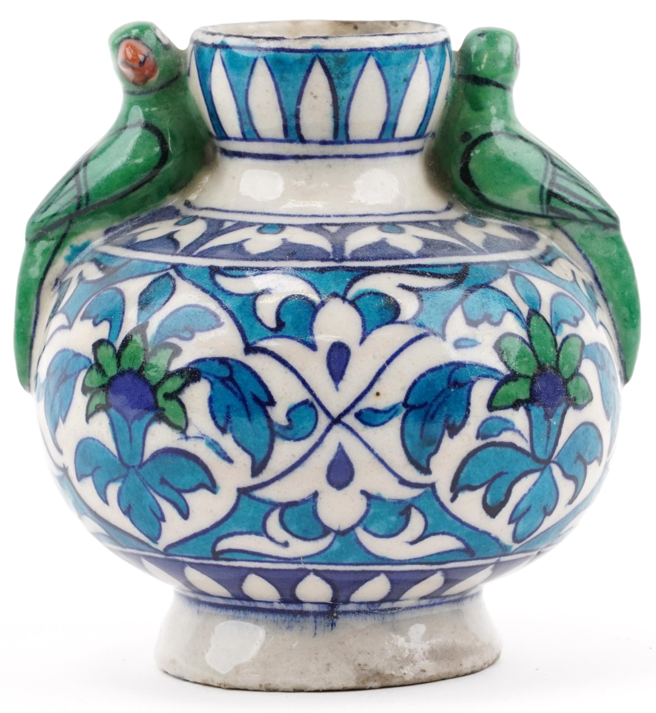 Iznik hand painted pottery floral vase with bird handles, 13cm high - Image 2 of 3