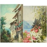 C M Dant...?,- Villa and lake scene, pair of European school watercolours, mounted and framed, one