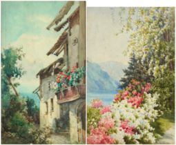 C M Dant...?,- Villa and lake scene, pair of European school watercolours, mounted and framed, one