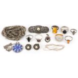 Antique and later silver and white metal jewellery including marcasite brooch, rings set with semi