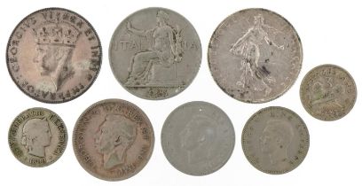 George V East Africa shilling, France, Italy and New Zealand coins