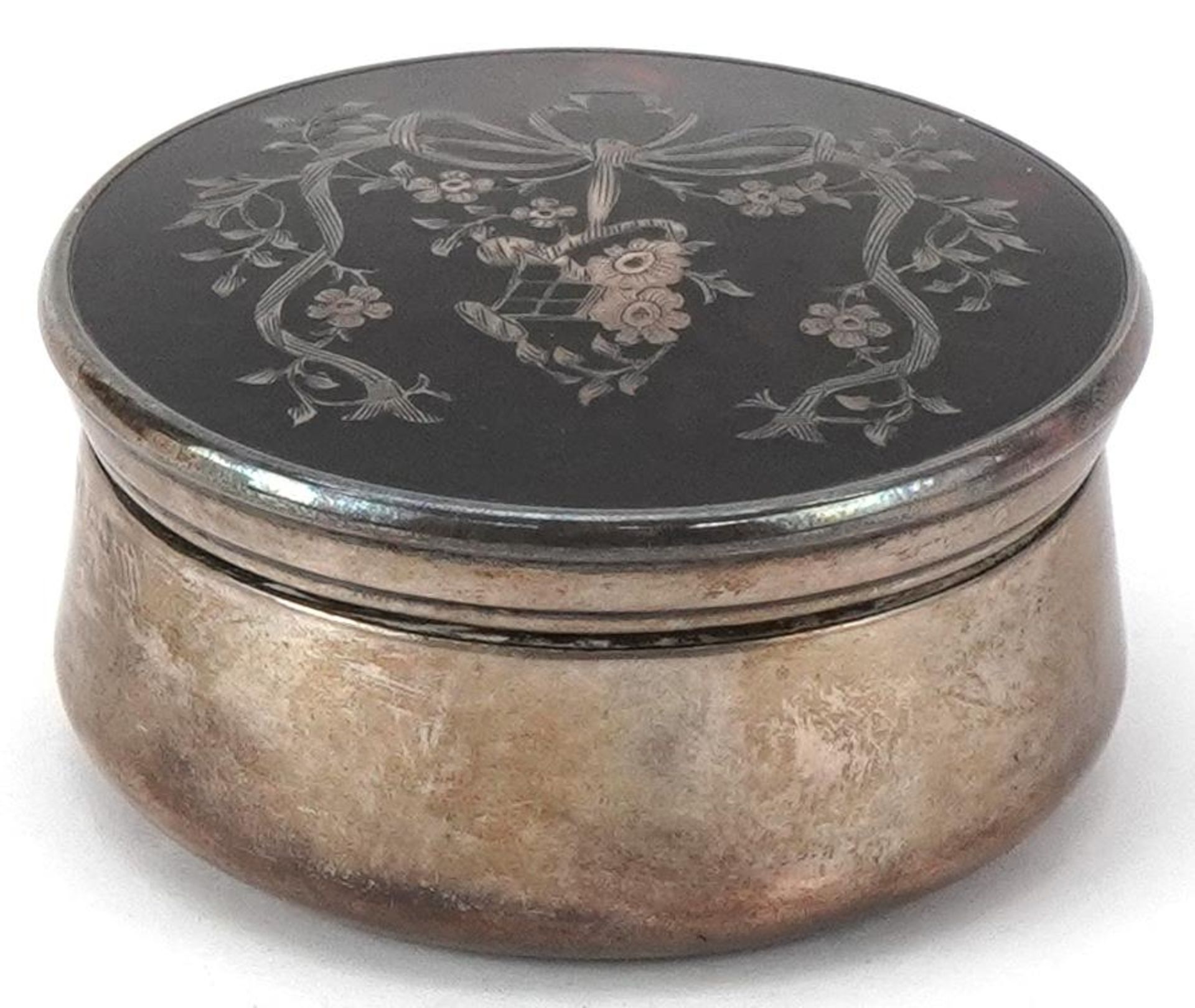 Levi & Salaman, silver and tortoiseshell pique work circular box and cover, indistinct Birmingham - Image 2 of 5