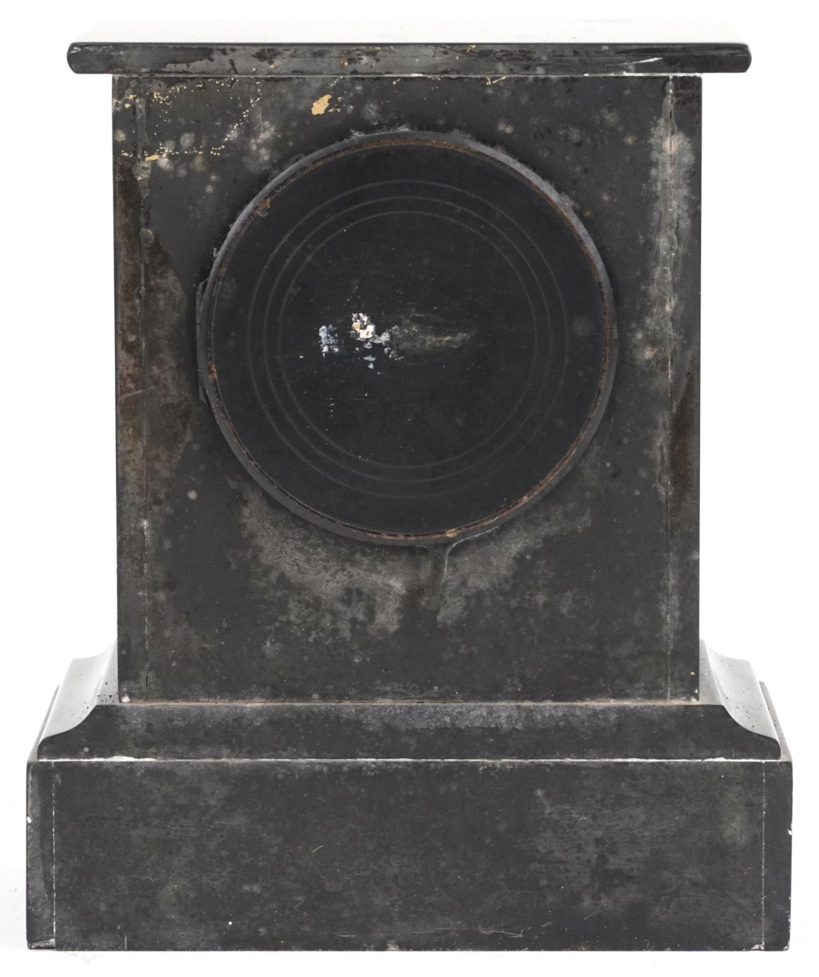 Edwardian black slate mantle clock with enamelled dial, 24cm high - Image 3 of 4