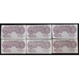 Six Bank of England ten shilling notes, each Chief Cashier K O Peppiatt, including three with