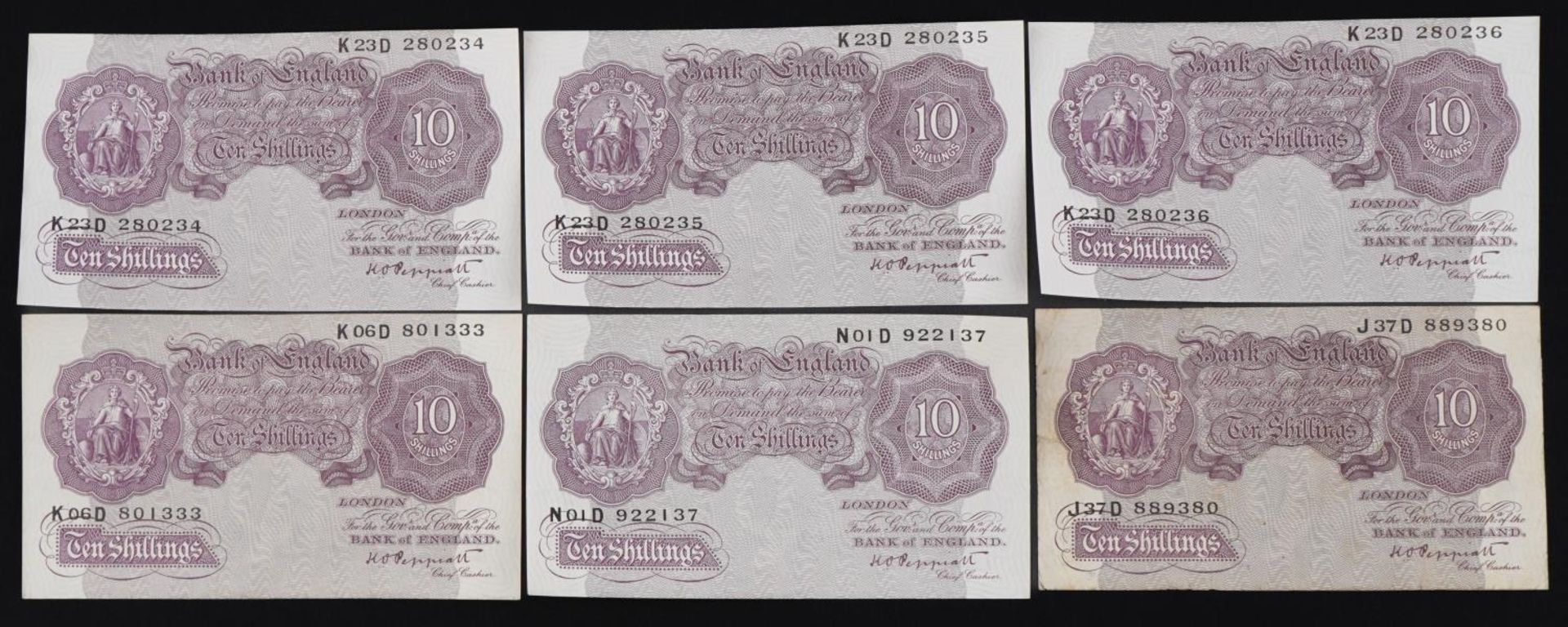 Six Bank of England ten shilling notes, each Chief Cashier K O Peppiatt, including three with