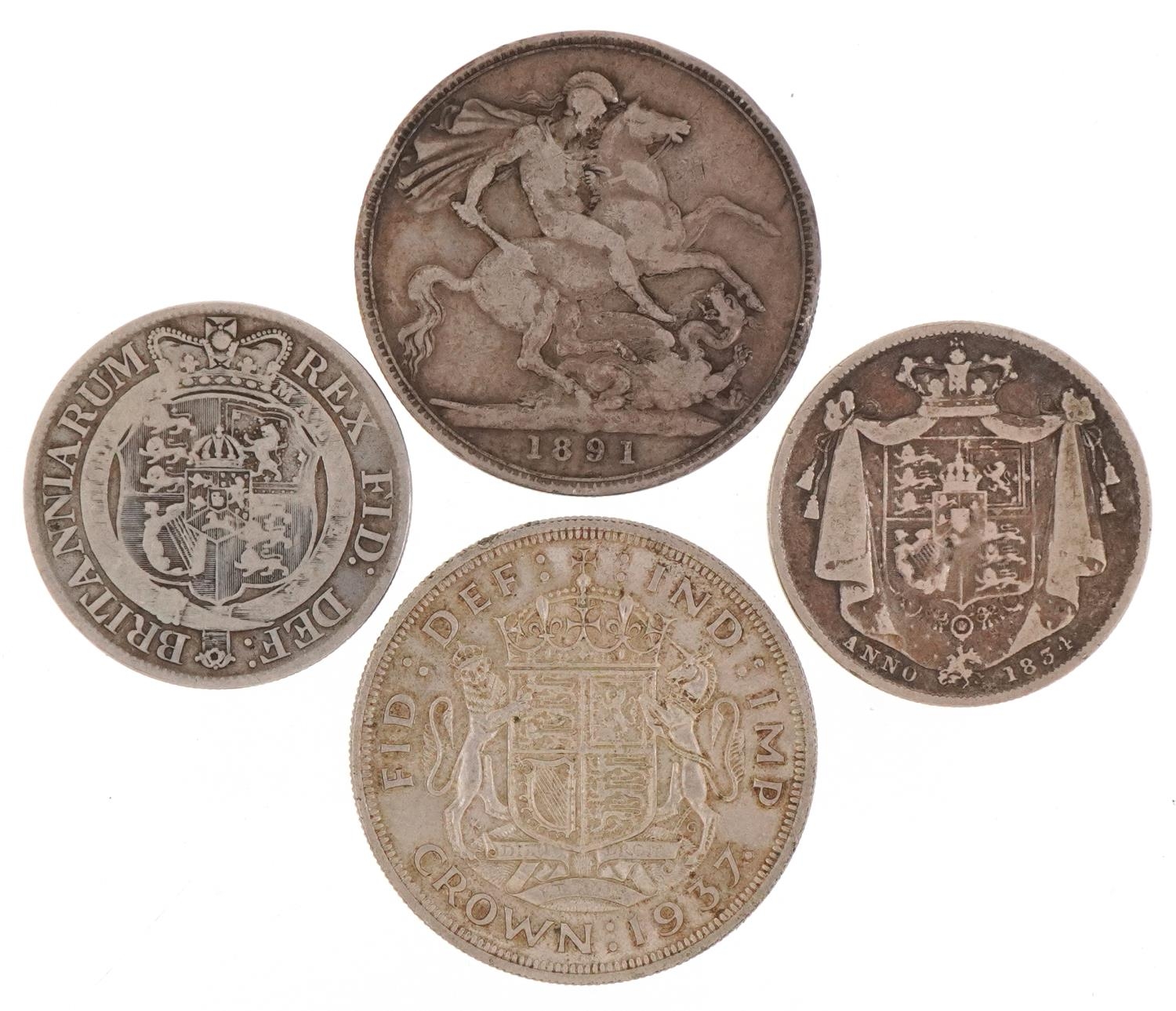 George III and later British coinage comprising two crowns dates 1891 and 1937 and two half crowns - Image 2 of 2