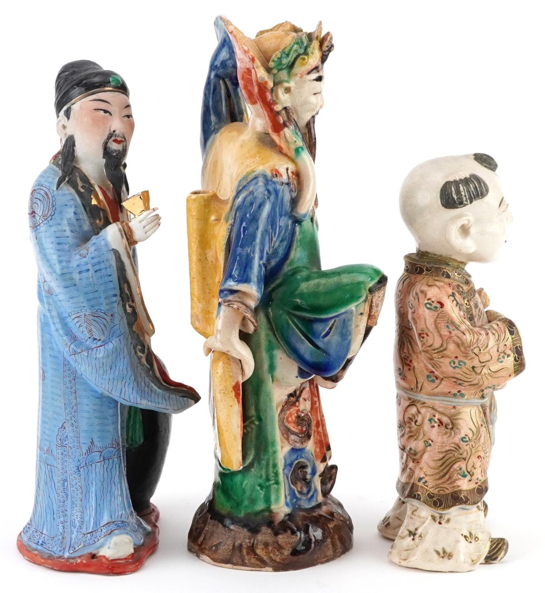 Three Chinese and Japanese figures including a Satsuma example of a young boy, the largest 23.5cm - Image 4 of 7