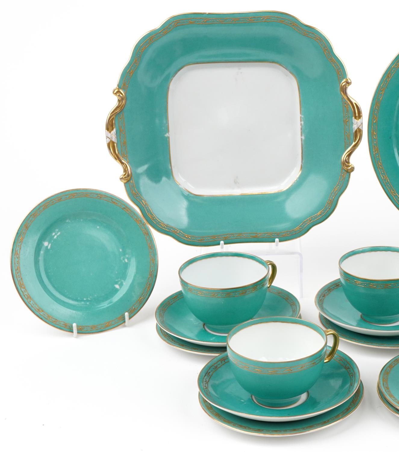 Dresden, 19th century German turquoise ground teaware with gilt floral bands, comprising six cups - Image 2 of 3