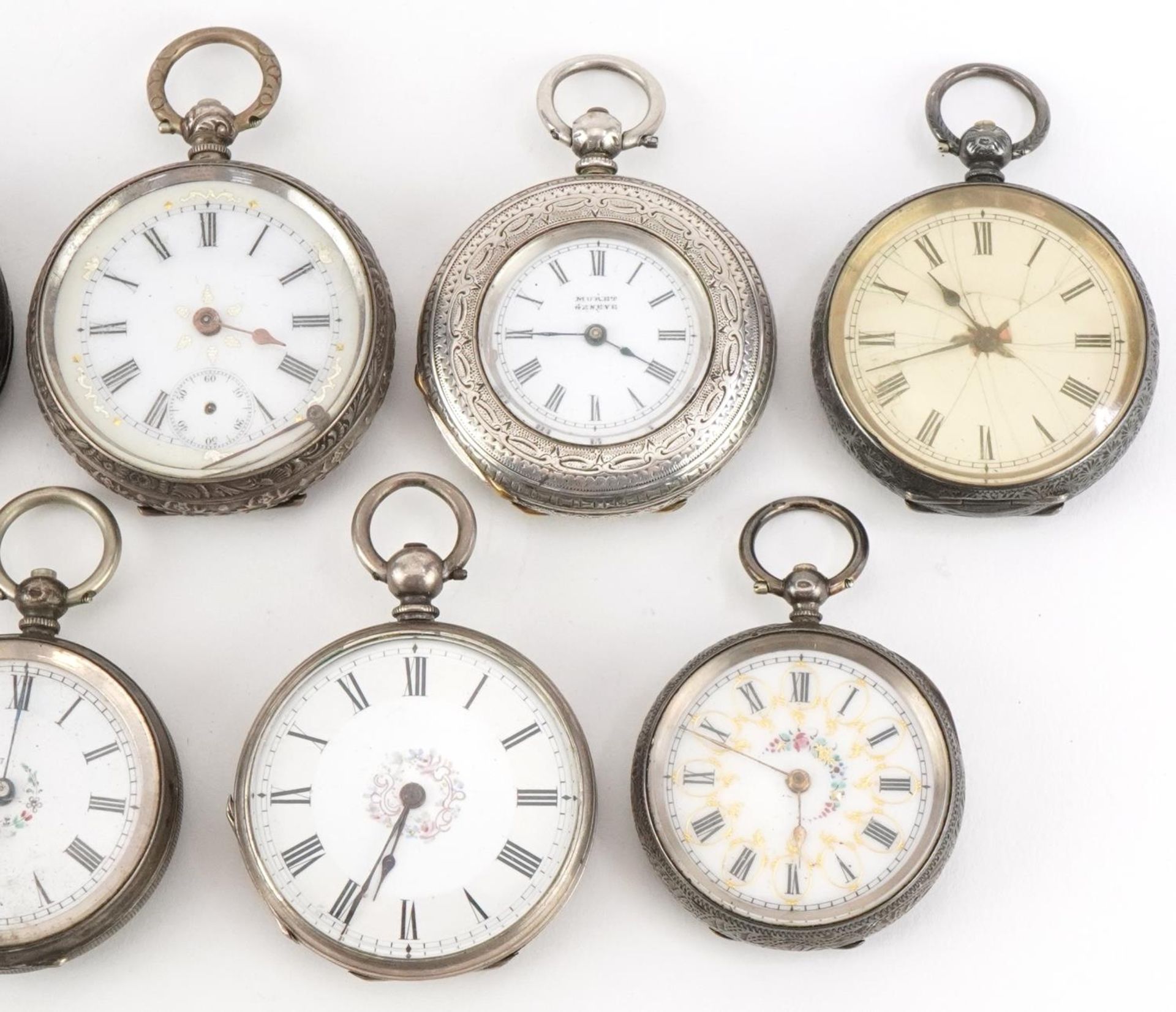 Nine ladies silver open face pocket watches, each having enamelled dial with Roman numerals, the - Bild 3 aus 5