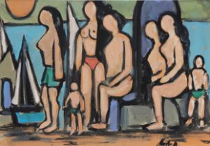 Manner of Markey Robinson - Nude family, Irish school gouache on card, mounted, unframed, 49.5cm x