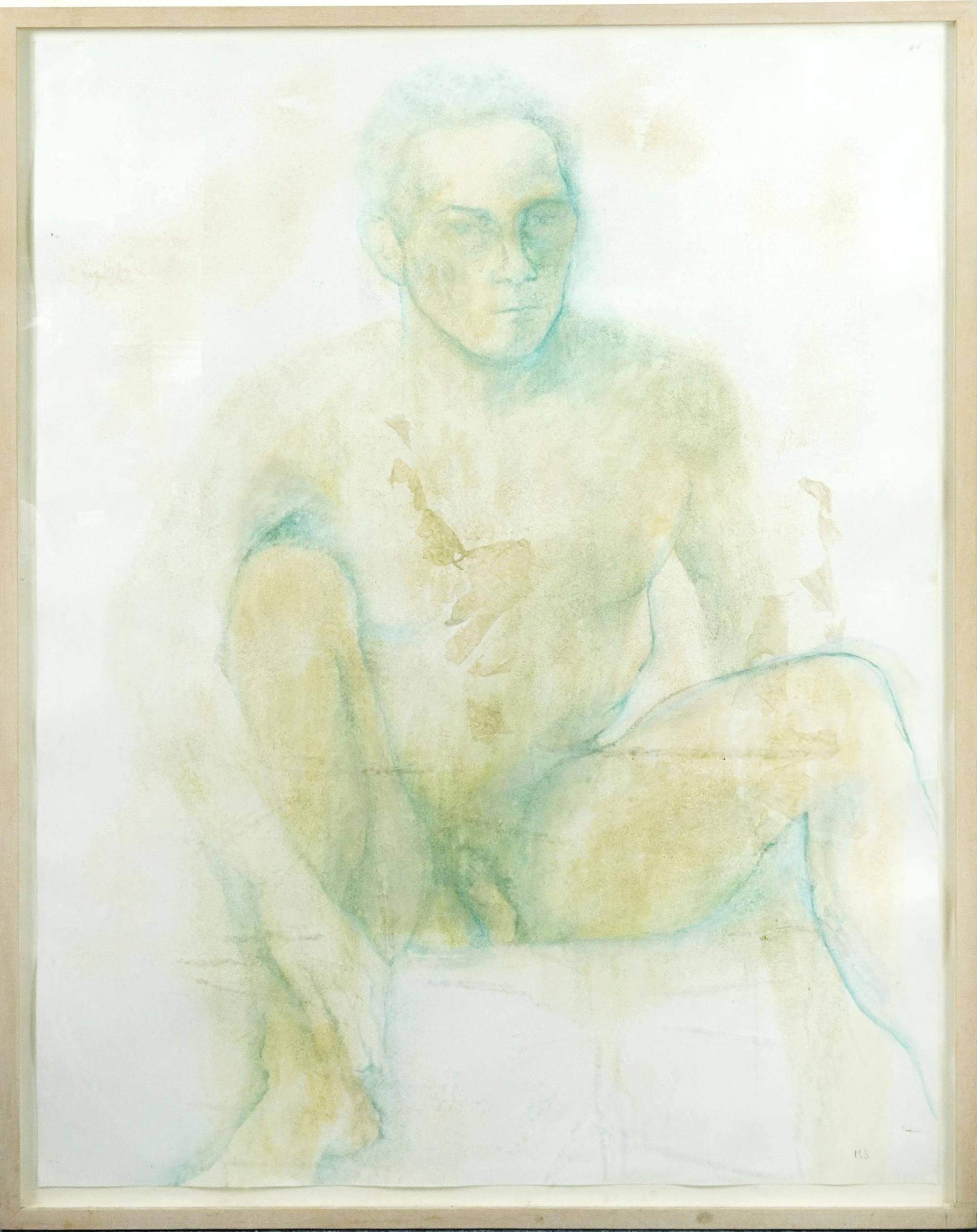 Portrait of a seated nude male, mixed media on card, bearing a monogram MS, framed and glazed, 124cm - Image 2 of 5