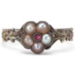 Antique unmarked gold pink stone and seed pearl ring with naturalistic shoulders, size L, 1.6g