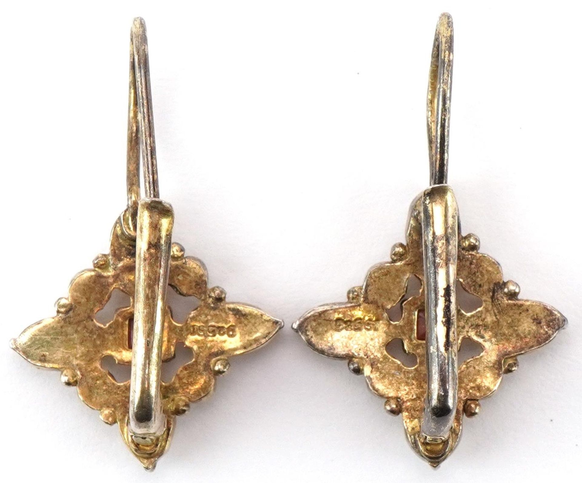 Pair of silver gilt multi gem earrings set with pearls, turquoise and garnets, possibly Austro- - Image 2 of 3