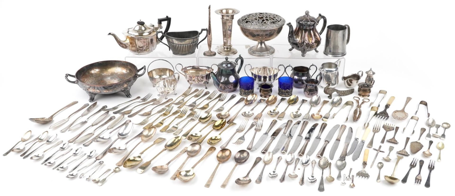 Victorian and later silver plated metalware including Elkington & Co vase, various flatware and