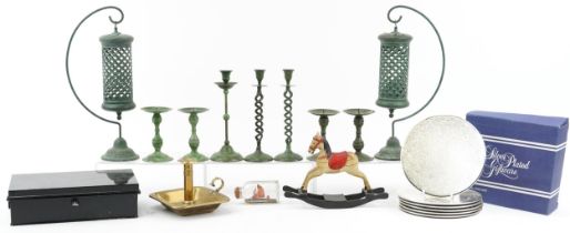 Brass and metalware including a Victorian brass chamberstick LCO dated '87, candlesticks,