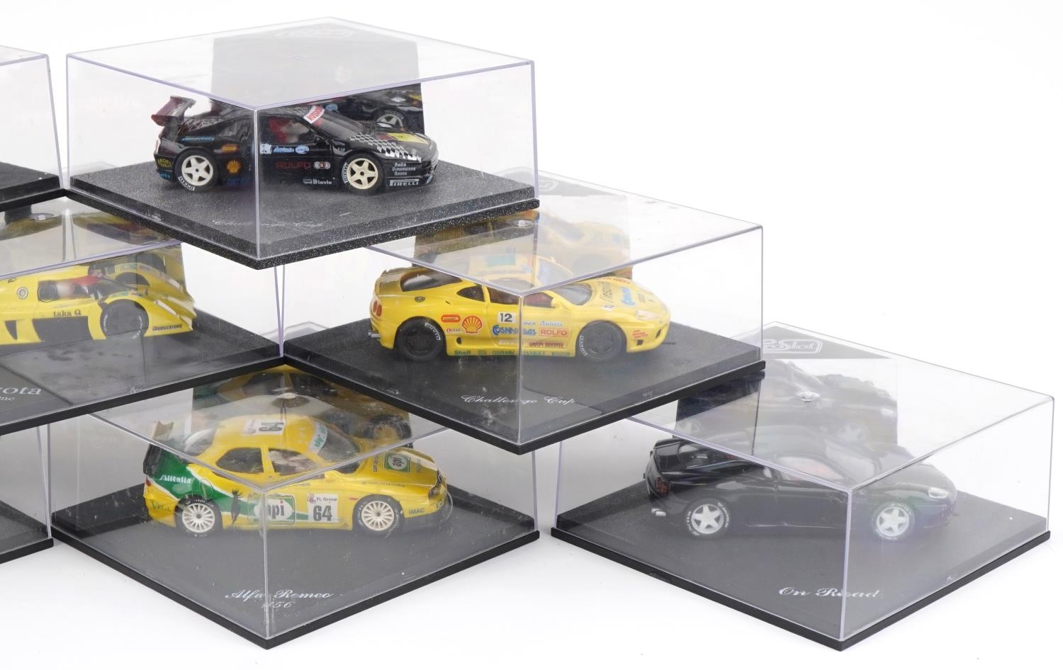 Nine Pro Slot 1:32 scale model slot cars with cases including Toyota GT-One, Porsche 911 GT2 and - Image 3 of 3