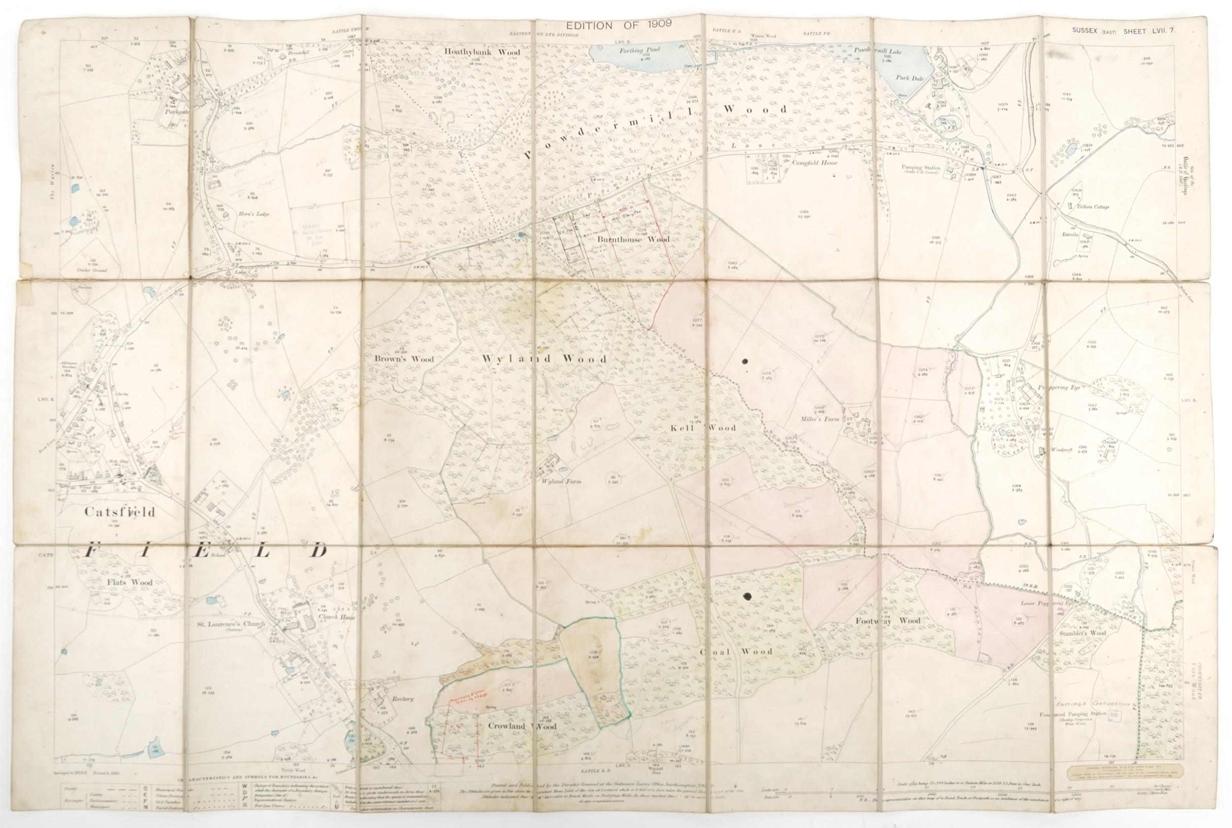 Nine Edwardian coloured folding maps of Sussex farms including Pebsham Farm, Court Lodge Farm, Upper - Image 20 of 21