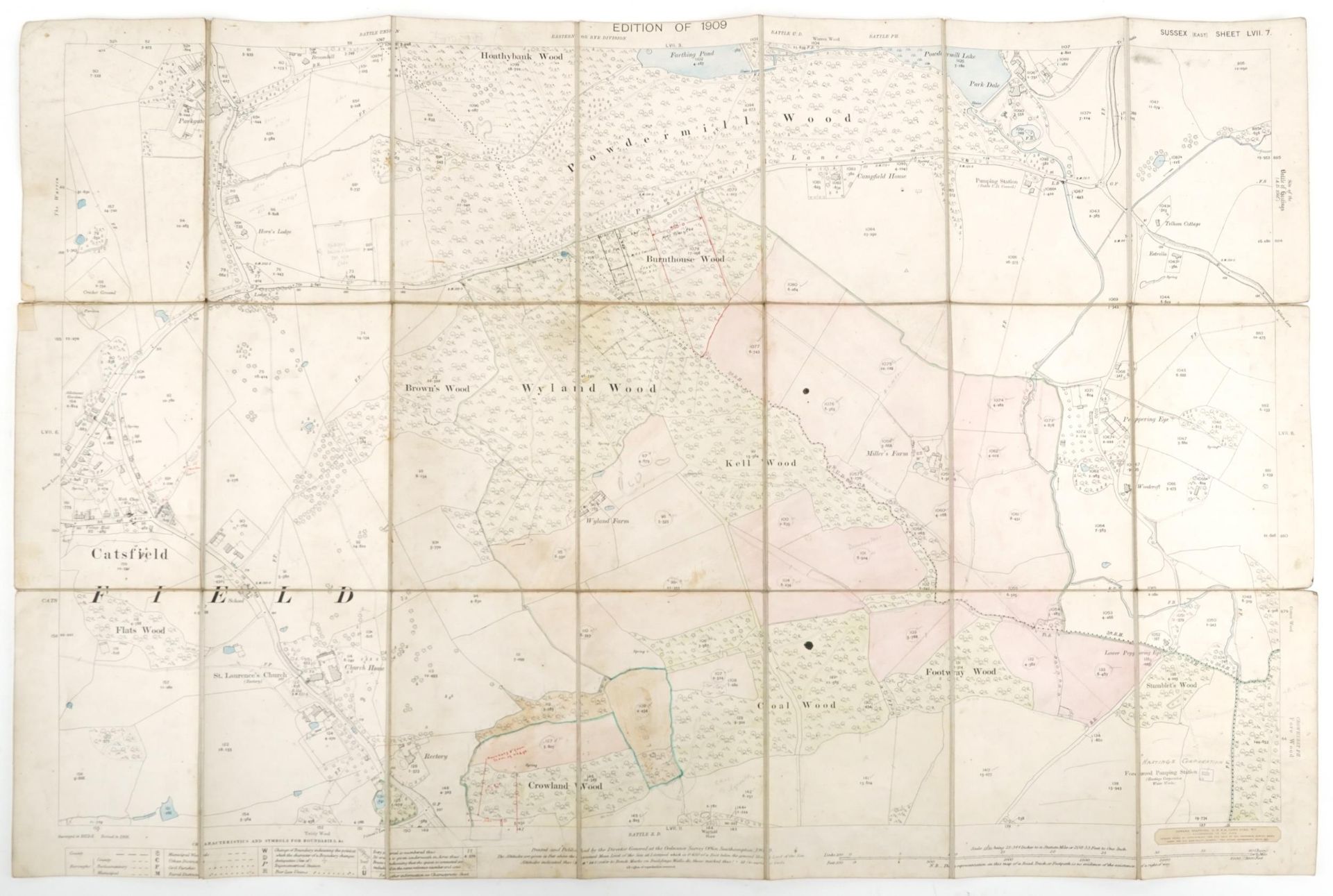 Nine Edwardian coloured folding maps of Sussex farms including Pebsham Farm, Court Lodge Farm, Upper - Bild 20 aus 21