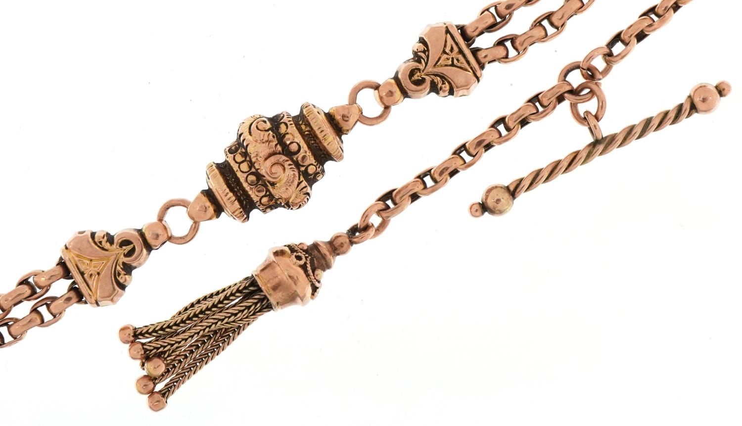 Victorian 9ct rose gold watch chain with T bar, dog clip clasp and tassel, 26cm in length, 11.7g - Image 2 of 3