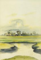 Hans Simoleit - Landscape with river, German Expressionist watercolour, Franz Leuwerbremen label