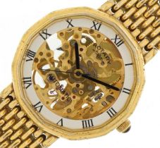 Rotary, gentlemen's gold plated automatic wristwatch having skeleton dial with Roman numerals,