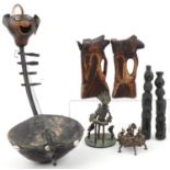 Tribal artefacts including a Far Eastern kumkum box, Ashanti cast bronzed study of a chief, pair