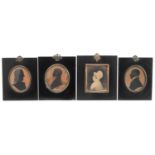 Three early Victorian silhouette pictures of gentlemen and a black and white picture of a lady