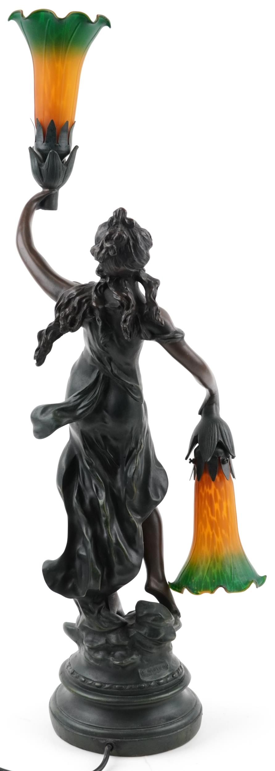 After A Moreau, French style bronzed table lamp in the form of an Art Nouveau female with two orange - Image 3 of 6