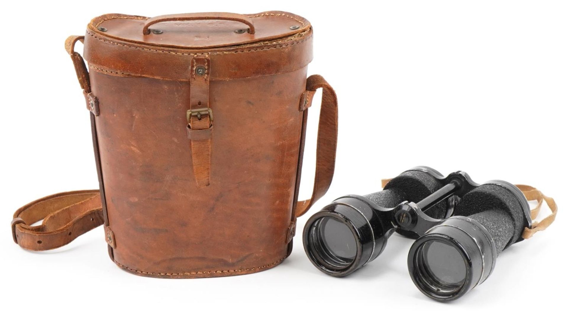 Pair of military interest Bino Prism number 5 mark I binoculars in a leather case, 21cm high