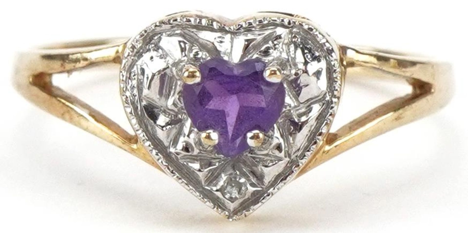 9ct gold amethyst and diamond love heart ring with split shoulders, size M/N, 1.3g