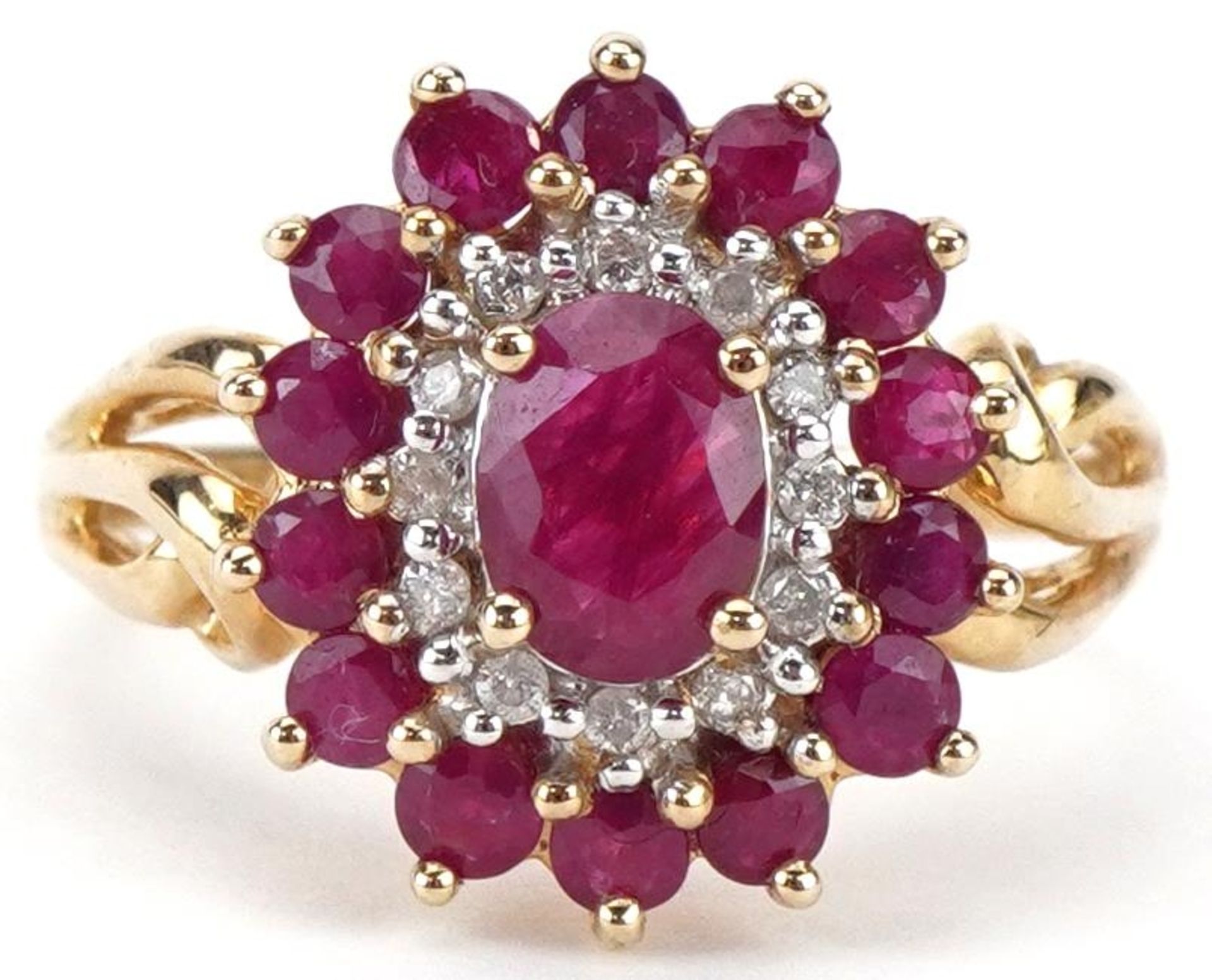 9ct gold ruby and diamond three tier cluster ring, size P, 3.5g