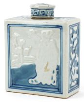 Chinese porcelain tea caddy hand painted with flowers, embossed with figures, 15cm high