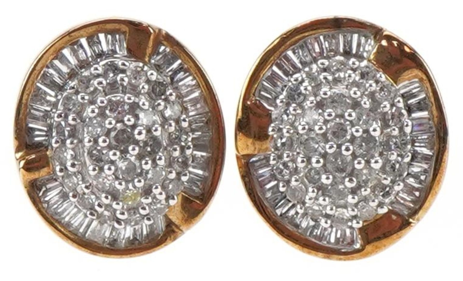 Pair of 9ct gold diamond four tier cluster stud earrings, each 11mm high, total 2.6g