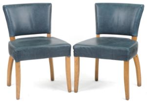 Wych Wood Design, pair of contemporary light oak chairs with blue leather upholstery, 87cm high