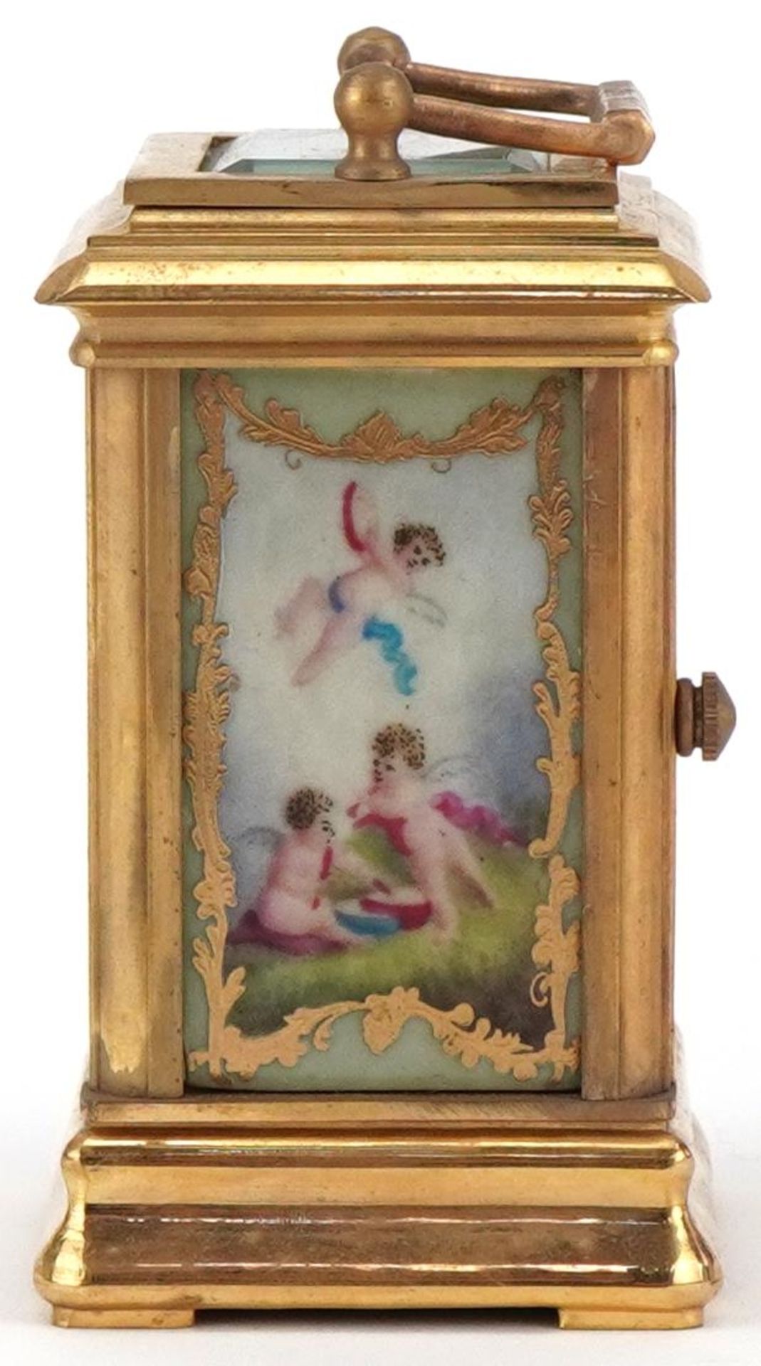 Miniature brass cased carriage clock with Sevres type porcelain panels decorated with Putti, 8cm - Bild 2 aus 7