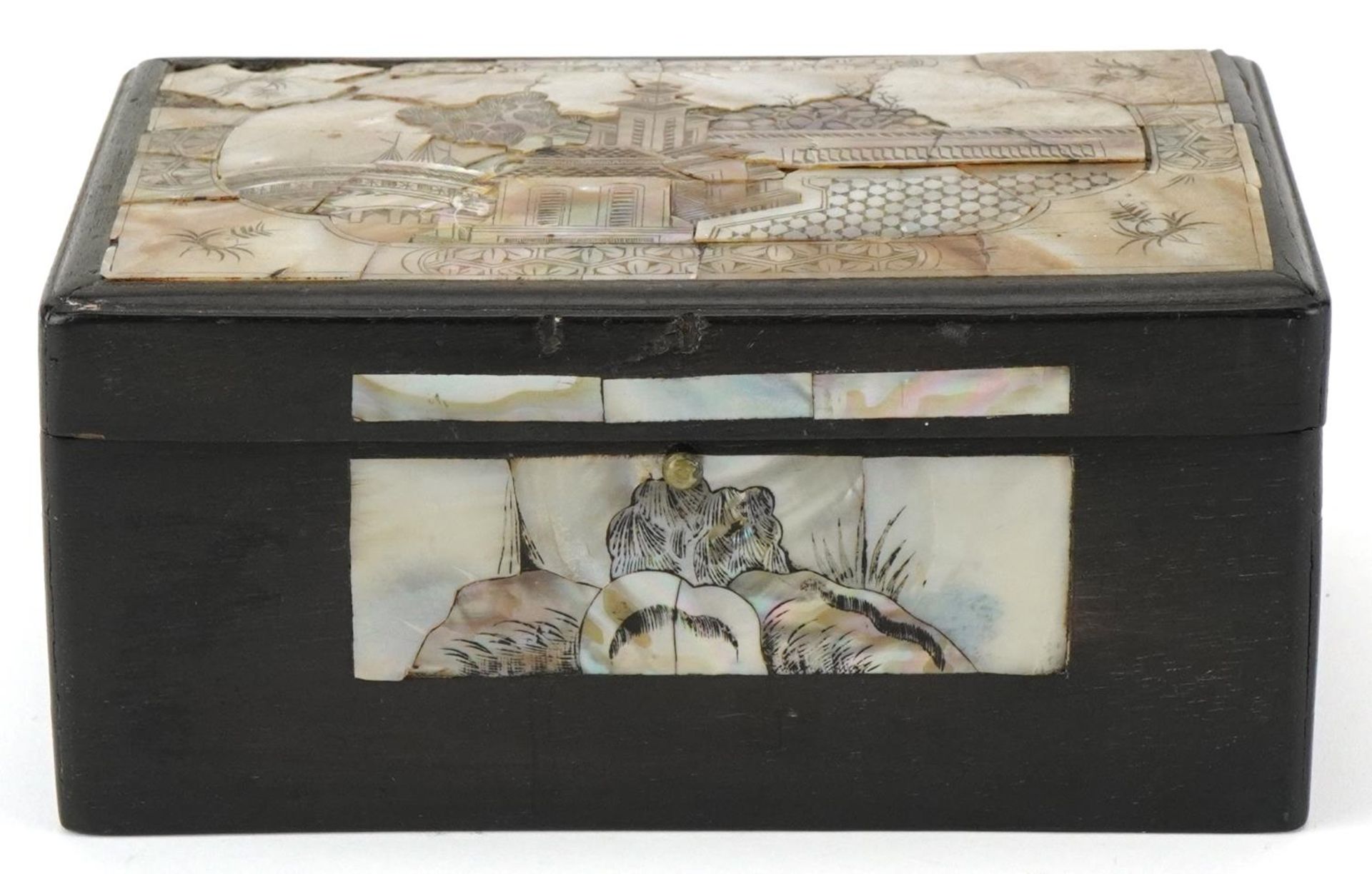 Ebony mother of pearl inlaid box decorated with panels of leaves, the top decorated with a panel - Image 2 of 7