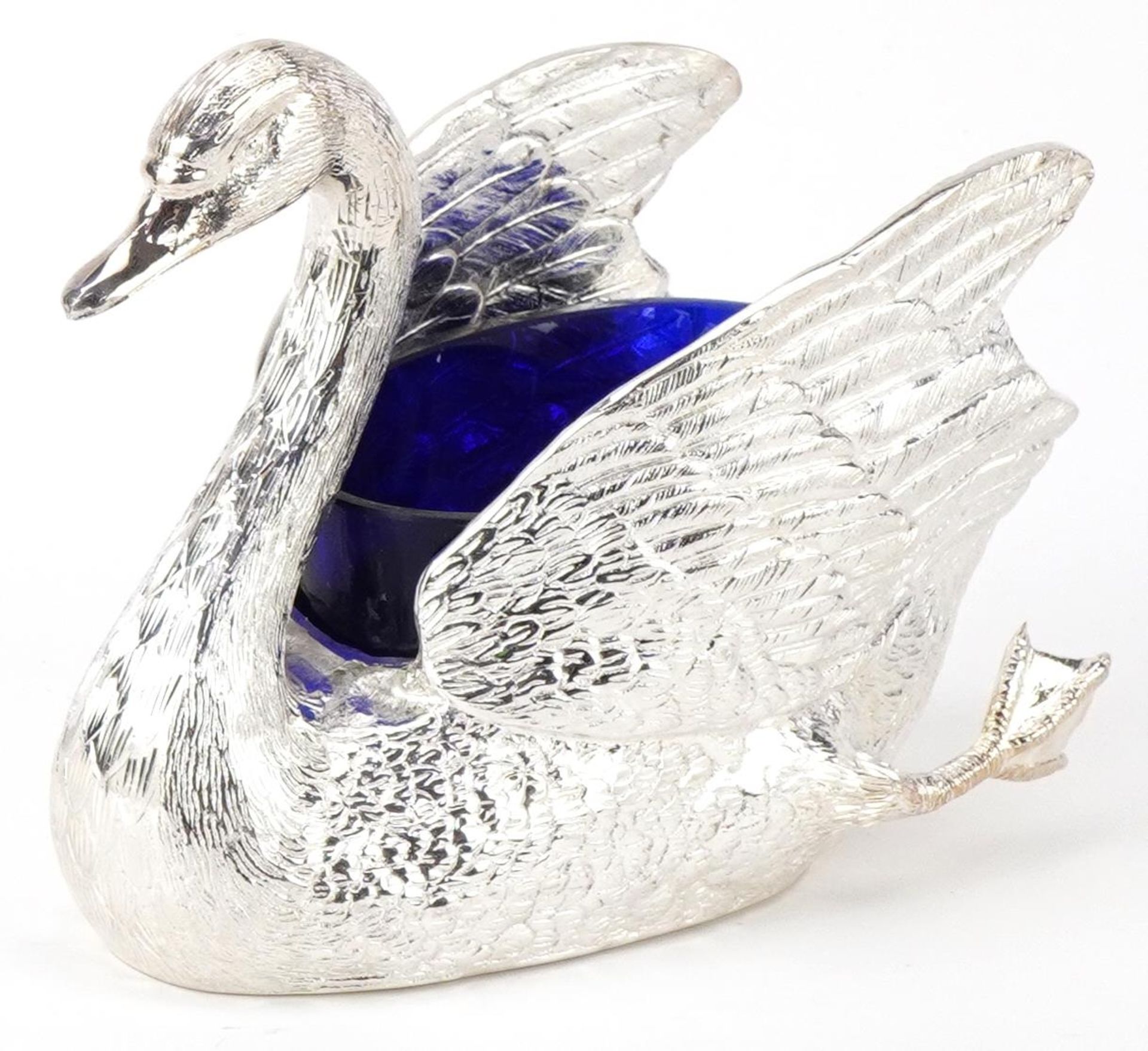 Large silver plated table salt in the form of a swan with blue glass liner, 20.5cm in length